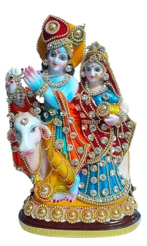 Statuette Radha Krishna et vache : objet déco coloré style bohème ethnique