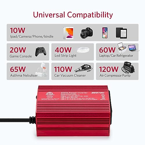 BESTEK 300W Power Inverter - DC 12V to 110V AC Converter, Fast Car Charger Adapter with 30W USB-C/18W Quick Charge/Dual 110V AC Car Plug Outlet for Laptop - Thumbnail 5