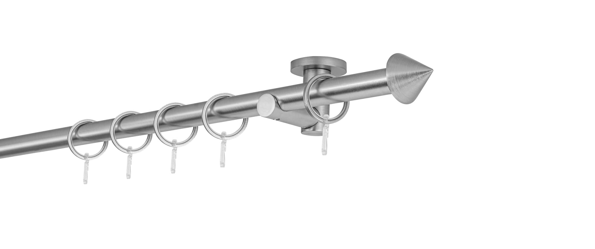 Gardinenstange auf Maß 20mm Spitze 1-lauf Vorhangstange Deckenträger 5,5cm Stilgarnitur mit Ringen für Vorhänge Edelstahl-Optik 220cm