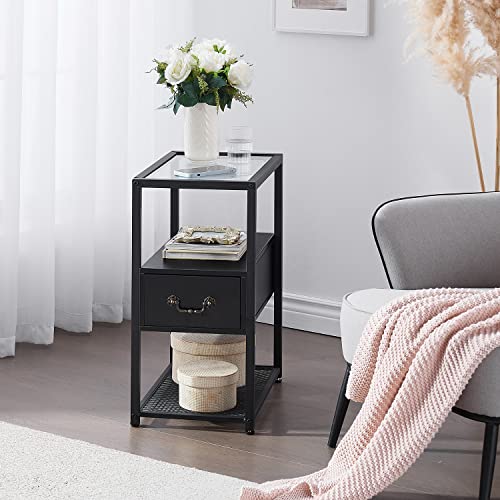 Vecelo Tall End Side Tables Living Room Set Of 2, Modern Narrow Nightstand With Drawer And Shelf For Bedroom Office,Tempered Glass, Black/2 Pcs #TOP4