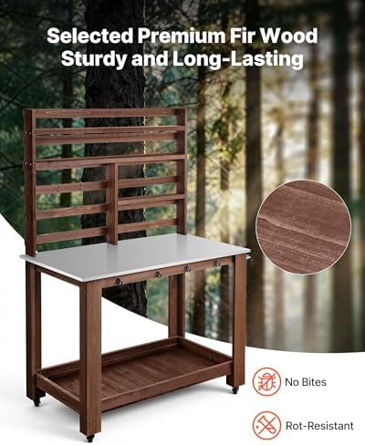 VEVOR Potting Bench Table, Outdoor Gardening Workstation with 45 x 26 in Stainless Steel Tabletop, Storage Shelves, 4 Casters, Hooks, Garden Planting Work Station for Outside Patio, Backyard, Brown — view 2