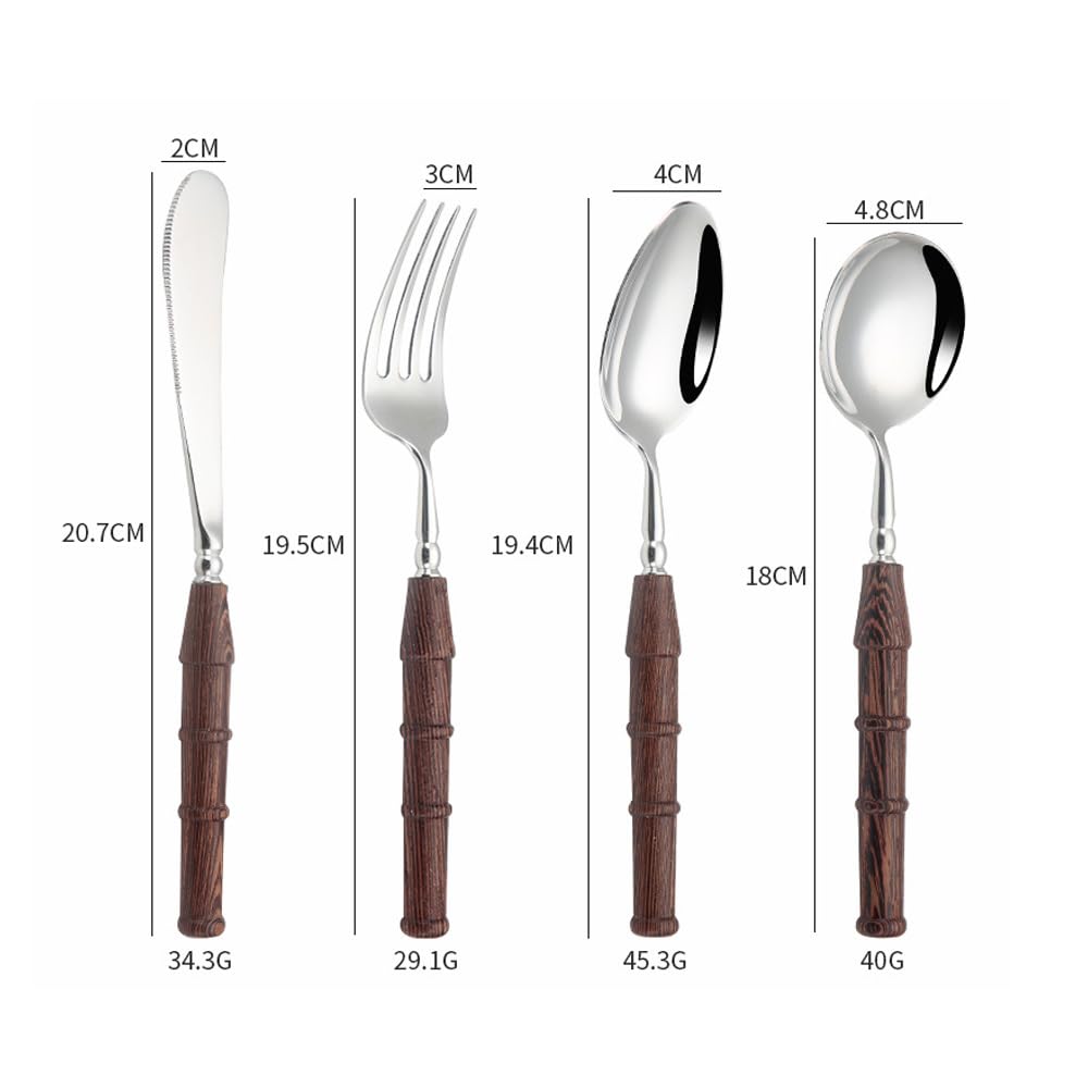 Wooden Handle Kitchen Stainless Steel Silverware Tableware Flatware Cutlery Set Steak Knife Fork Spoon Teaspoon (Light color,4 pieces)