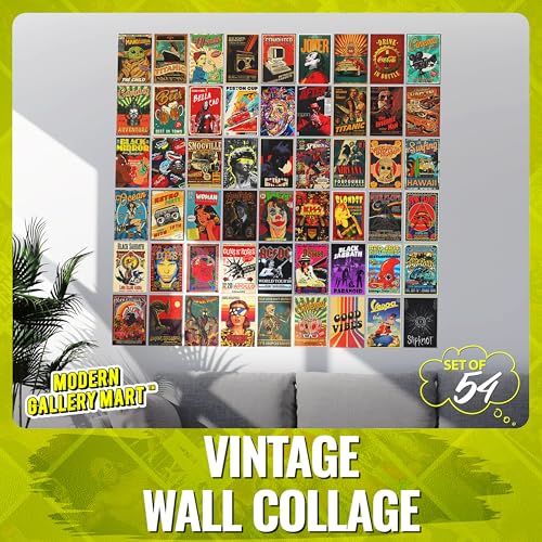 Image of MODERN GALLERY MART Pack of 54 Vintage Wall Collage Kit Posters - 4 x 6 Inches Posters for Wall Decoration - Wall Art For Bedroom, Office, Living room, Dorm room - Glue Dots Included