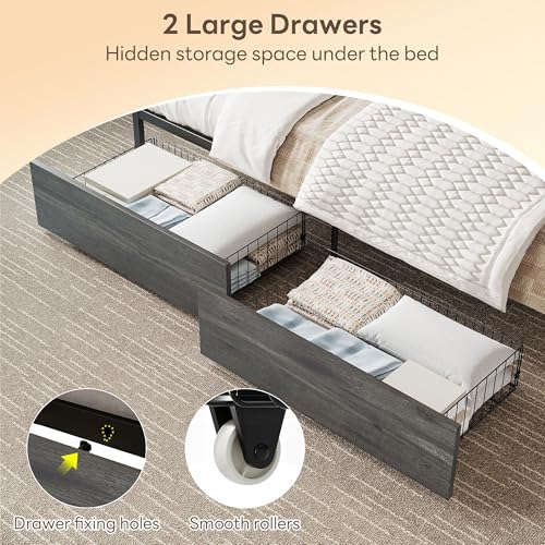 Image of LIKIMIO Twin Daybed with Farmhouse Storage Headboard | Day Bed with 2 Storage Drawers, Side Pocket, Built-in Charging Station, Charcoal Grey