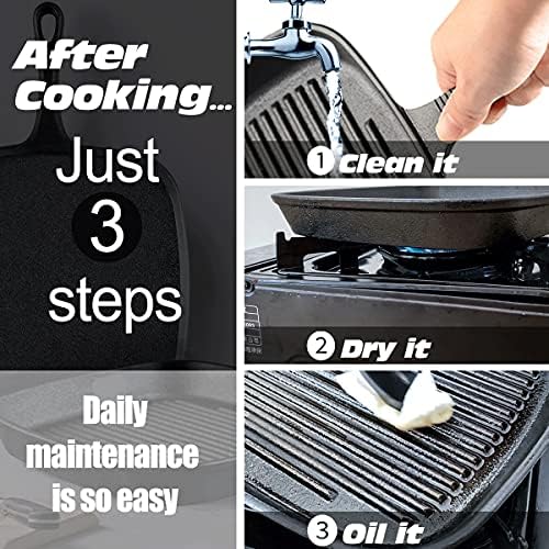 GOODFEER Cast Iron Skillet Griddle Pan,Physical Non Stick Frying Pan Induction Hob Oven Camping Use Grill,Square Size 24cm