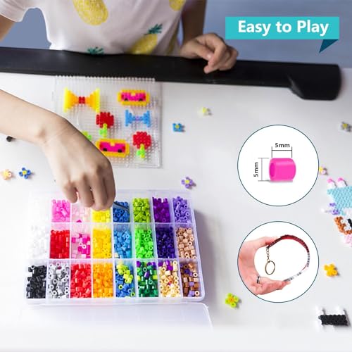 ALMEKAQUZ Fuse Beads Kit 5MM 6300 Pcs 24 Colors, 6300 Glow Bead, 108 Patterns Fuse Beading Kit, DIY Iron Bead Set for Kids, 5 Key Ring, 5 Bell, 5 Hair Clip, 4 Brooch, 6 Fridge Magnet Birthday Gifts