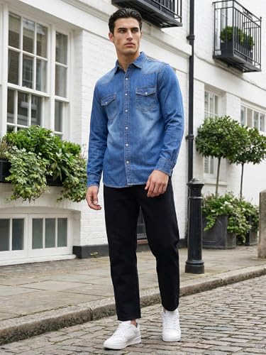 Image of Southbay Men's Denim Casual Shirt | Full Sleeve with Regular Fit | Premium Solid Denim Fabric | Spread Collar | Double Flap Pocket Stylish Casual Shirt