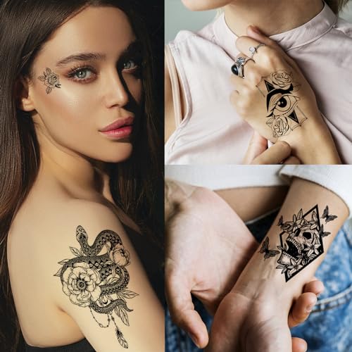 winthrop 80 Sheets Tiny Temporary Tattoos for Adult – Black Theme Waterproof Body Art Realistic Tattoos Stickers, Include Lion Wolf Tiger Owl Skeleton Skull