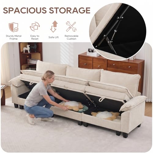 Image of IPKIG 117 inch Modular Cloud Couch with Storage, C Shaped Sectional Sofa | 3 Seater White Chenille Deep Seat Sectional Couches with Ottoman and Pillow for Living Room, Apartment
