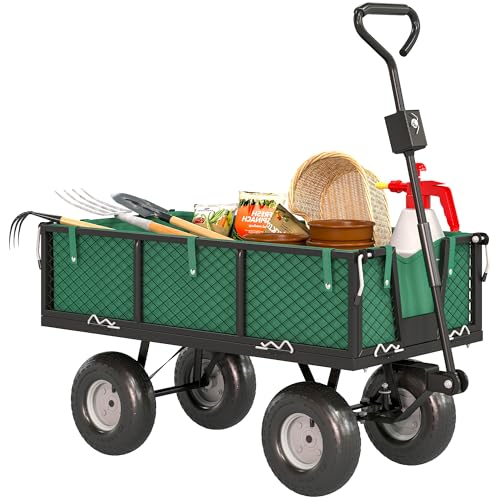 outsunny carrello da giardino da 114l con 4 ruote grandi capacità 200 kg, carrello spiaggia in acciaio con sacca portaoggetti, pareti laterali rimovibile e maniglia girevole, 105x51x54 cm, verde