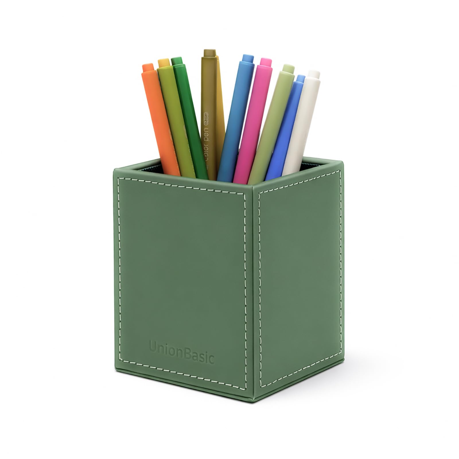 UnionBasic Square Pens Pencils Cup Holder Desk Stationery Organizer, Selected Faux Leather, Malachite Green