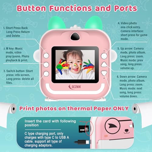 Image of SEZNIK Mini Camera Inkless Thermal Printer, Bluetooth HD Print, Click Photo Print, Compatible with Android, iOS Mobile. Print Pictures, Labels, 1 Year Warranty (Mini-B40-Pink)