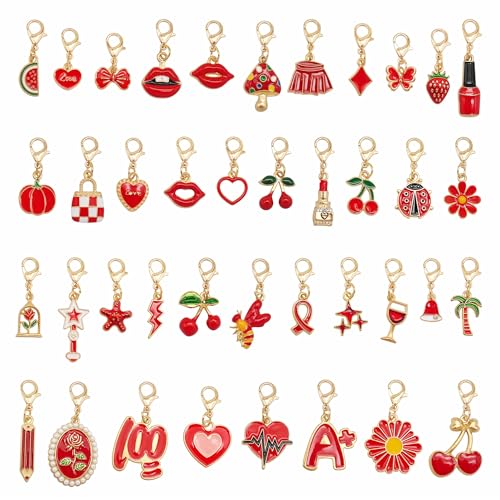 Julie Wang 30PCS Alloy Red Enamel Charms with Lobster Clasps Assorted Fruit Flower Hearts Designs Pendants for Gift Wrapping Zipper Pulls Keychains Bags Decoration