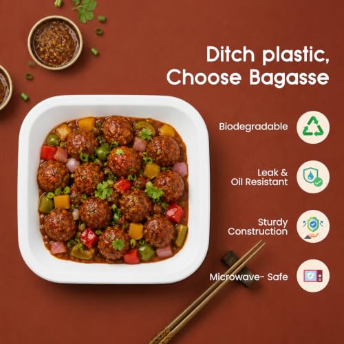 Image of Bonkaso 6x6 Inch Square Bagasse Plates Pack of 25 (White) | Disposable Sugarcane Paper Plates | Heavy Duty, Compostable & Microwave Safe | Plastic-Free Plates for Snacks | | Birthday, Wedding & Party