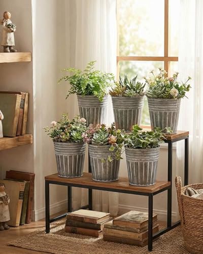 vensovo 6 Inch Silver Metal Rustic Flower Pots - 6Pcs Galvanized Planters with Drainage Hole and Rubber Plug, Rustproof Metal Bucket Plant Pots Farmhouse Vintage Style for Decor