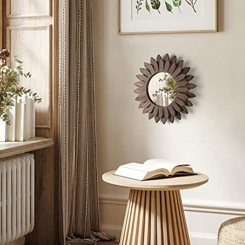 Honiway Farmhouse Wall Decor Mirror 12 Inch Sunburst Boho Wood Mirror Rustic Home Decor Room Decoration For Bedroom Living Room Bathroom Weathered Walnut #TOP2