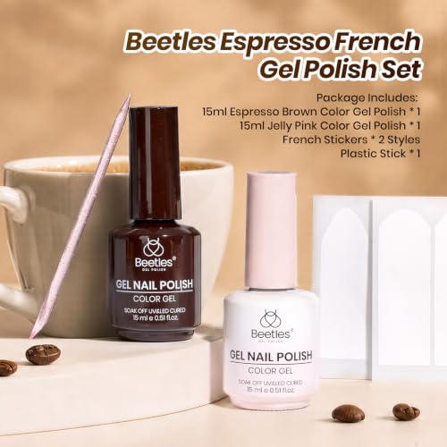 Image of Beetles Espresso French Gel Polish Set, 2 Colors 15ml Easy French Tips Kit | Brown Jelly Nude Pink Fall Colors Polish, French Nail Stickers Soak Off Uv Gel Manicure Nail Art Design