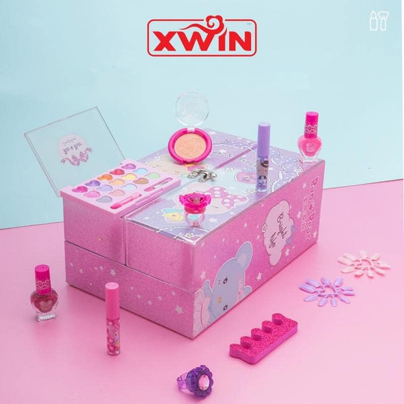 xwin sportseries Kids Portable Cosmetics Box, Kids Realistic Washable Makeup Set Kids Hairdressing Tool Set, Hair Beauty Set, Non Toxic Water Based Makeup Kids Gift Set