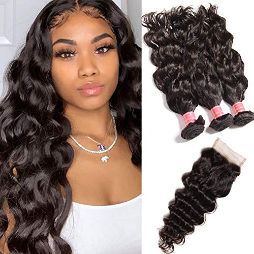 Hair Brazilian Body Wave Virgin Hair 3 Bundles with Three Part Closure (14 16 18+12,Natural Black) 100% Unprocessed 10A Brazilian Body Wave Human Hair Weft with Lace Closure Brazilian Body Wave