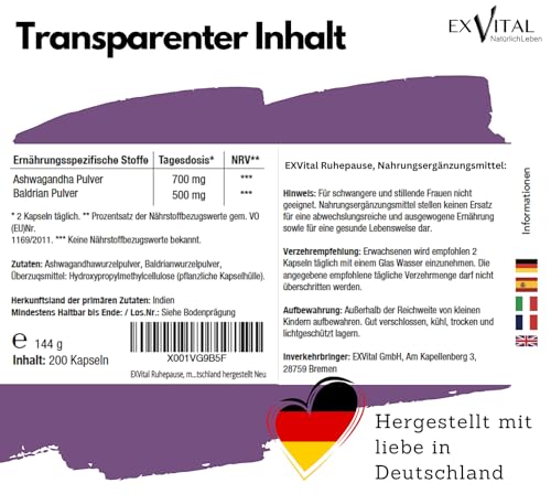 EXVital Ruhepause, mit Baldrian & Ashwagandha, Hochdosiert mit 500 mg Baldrian pro Tagesdosis, 200 vegane Kapseln reichen für 100 Tage! Frei von Zusätzen & in Deutschland hergestellt