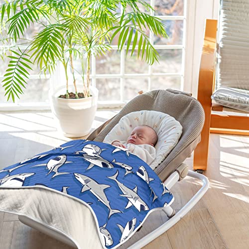 Image of Swaddle Blanket for Blue Cartoon Shark Fish Baby Receiving Blanket Muslin Baby Swaddles Soft Cotton Breathable Nursery Blankets for Unisex Boys and Girls 30x40 Inch