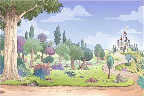 Muralo Papel pintado fotográfico para habitación infantil, 180 x 270 cm, papel pintado de fieltro, diseño de árboles, hierba, castillo y cielo, ideal para niños