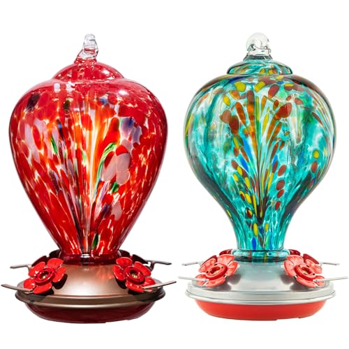 LaElvish Garden 2 Packs Hummingbird Feeder for Outdoors Hanging, 34OZ & 32OZ Hand Blown Glass Hummingbird Feeders for Outside, Red & Teal