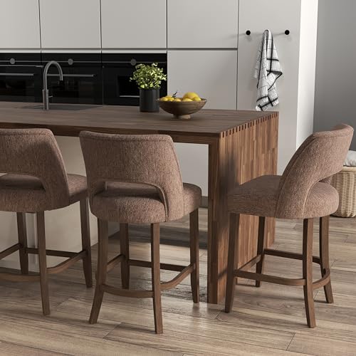 Image of VKNOW Bar Stools Set of 2, 26 inch Upholstered Counter Height Bar Stools,Modern Counter Stools with Wood Legs for Kitchen Island Dining Room Bar,Brown