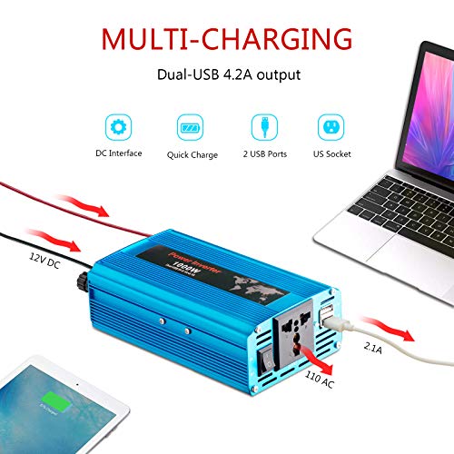 Car Power Inverter - HK GT 1000W Power Inverter DC 12V to 110V AC Converter 4.2A Dual USB Ports Car/Truck/RV Power Adapter with Cigarette Lighter Car Charger Modified Sine Wave Inverter