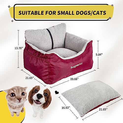 BurgeonNest Dog Car Seat for Small Dogs, Fully Detachable and Washable Cat Carseats Under 25 lbs, Soft Pet Booster Seats with Storage Pockets Clip-On Leash Portable Travel Carrier Bed, Red
