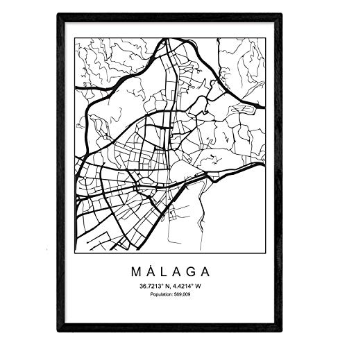 Nacnic Lámina mapa de la ciudad Malaga estilo nordico en blanco y negro. Poster tamaño A3 Enmarcado con marco negro Impreso papel 250 gr. Cuadros, láminas y posters para salon y dormitorio