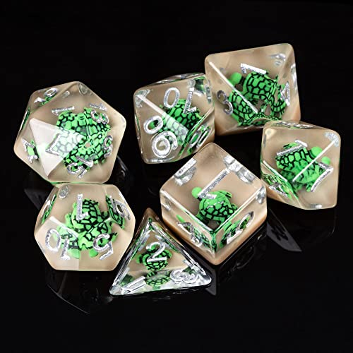 Image of Cusdie 7-Die DND Dice Set, Polyhedral Dice Filled with Green Turtle, for Role Playing Games
