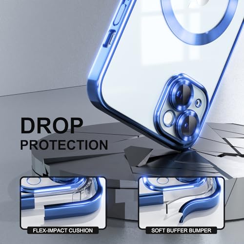 Image of Misea Magnetic for iPhone 15 Case Compatible with MagSafe | [Never Yellowing] [Military Drop Protection] Full Camera Lens Protector Plating Soft Clear Phone Case for Women, Deep Blue
