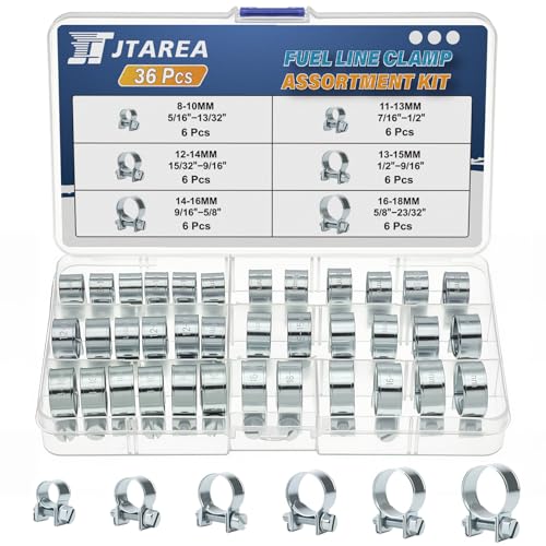 JTAREA 36Pièces 8-18MM Mini Collier de Serrage pour Tuyau Assortiment Set 6Tailles Réglables Collier Durite Essence Colliers de Serrages Metallique pour Conduite de Carburant Tuyau D'échappement