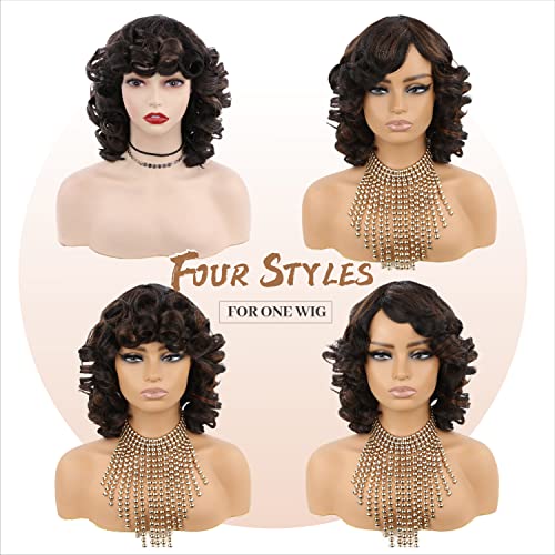 Fancy Hair Curly Afro Wig With Bangs Black Mix Brown Kinky Curly Wig Bouncy Fluffy Synthetic Cosplay Party Hair Wig For Women #TOP4