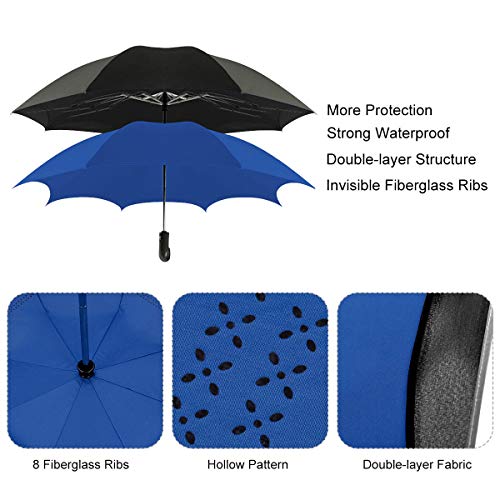 Hawee Reverse Flolding Umbrella For Rain Auto Open And Close Inverted Car Bumbershoot Outdoor With Night Safety Reflective Strip Double Vented 8 Reinforced Fiberglass Ribs, 45" Blue #TOP2
