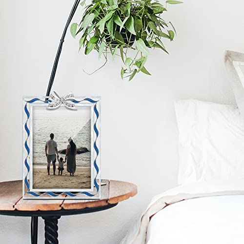 Laraine Picture Photo Frame 5X7 Metal Ribbon Bow Rhinestones High Definition Glass Display Pictures For Tabletop Home Decorative Holiday Gift (Blue) #TOP5