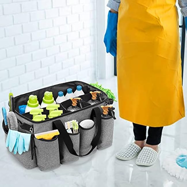 Extra-Large Cleaning Caddy, Organizer with Handles for Cleaning Tools & Products Storage, Large Capacity Tote Bag for Car, Home & Housekeeping Work, Gray