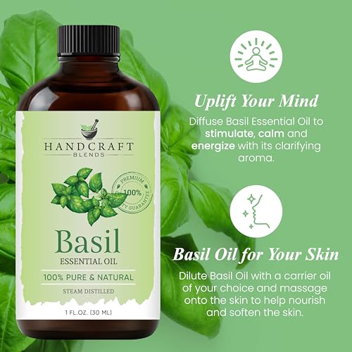 Image of Handcraft Blends Basil Essential Oil - 1 Fl Oz - 100% Pure and Natural - Premium Grade Essential Oil for Diffuser and Aromatherapy, Skin, Massage, Candle and Soap Making Fragrance