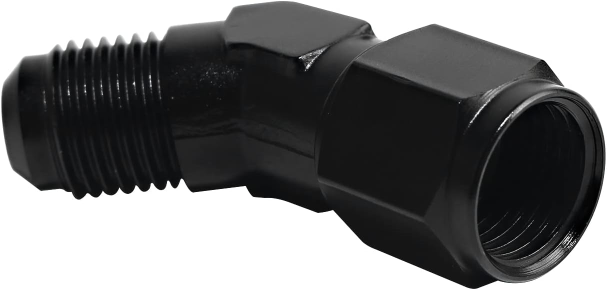 Automotive Fuel System Fittings 6AN Female to Male 45 Degree Hose Union Bulkhead Fuel Adapter Forged Elbow Swivel Hose Connector Alumiunm Black Anodized 2PCS
