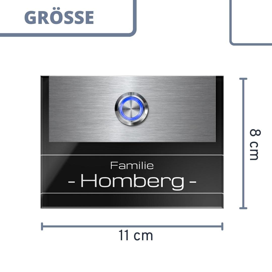 Edle Türklingel mit Gravur und LED-Klingelknopf und über 99 Motive personalisierbar 11x8 cm | Modell: Homberg-Aa | gravierte Klingel aus Hochglanz Acrylglas und Edelstahl Klingelschild Klingelplatte