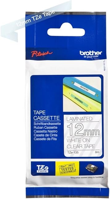 Brother TZe-135 Labelling Tape Cassette, White on Clear, 12 mm (W) x 8M (L), Laminated, Brother Genuine Supplies