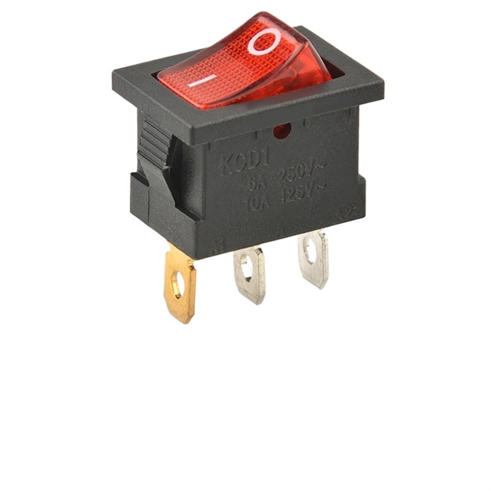 Interruptor basculante KCD1 de 3 pines y 6A 250V CA con luz piloto roja para automoción 7
