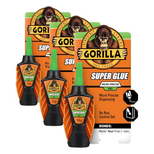 Image of Gorilla Micro Precise Super Glue Gel, Cyanoacrylate Glue, Fast Setting, Precise Dispensing Tool, Anti-Clog Cap, Clear, 5.5g, (Pack of 3)