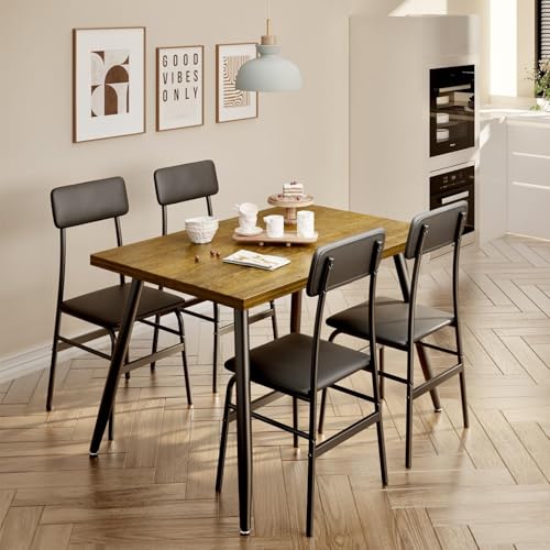 Gizoon 5 Piece Dining Table Set for 4, Modern Metal & Wood Kitchen Dinner Table with 4 Chairs, Space-Saving Dining Room Furniture Table & Chair Sets for Small Spaces & Apartment, Rustic Brown