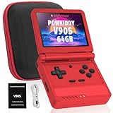 Powkiddy V90S Retro Handheld Console - 10,000+ Preloaded Games, Foldable Clamshell Design, 3.5' IPS Screen, 4-6 Hour Battery, Dual TF Slots (Red)
