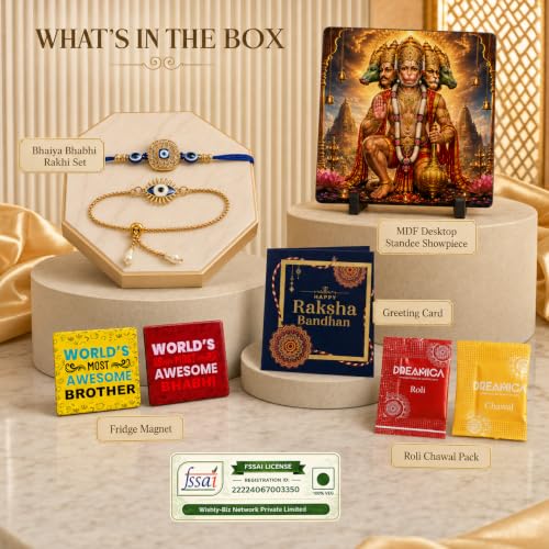 Image of Dreamica Designer Bhaiya Bhabhi Rakhi Set, God Standee Showpiece, Fridge Magnet, Greeting Card and Tilak Set| Best Rakhi Gift for Brother