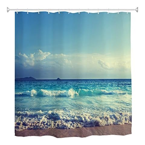 goodbath Ocean Beach Shower Curtain, Sea Waves Design Blue Sky Waterproof and Mildew Resistant Fabric Bathroom Curtains, 180 x 180 cm, Blue White Brown Cover