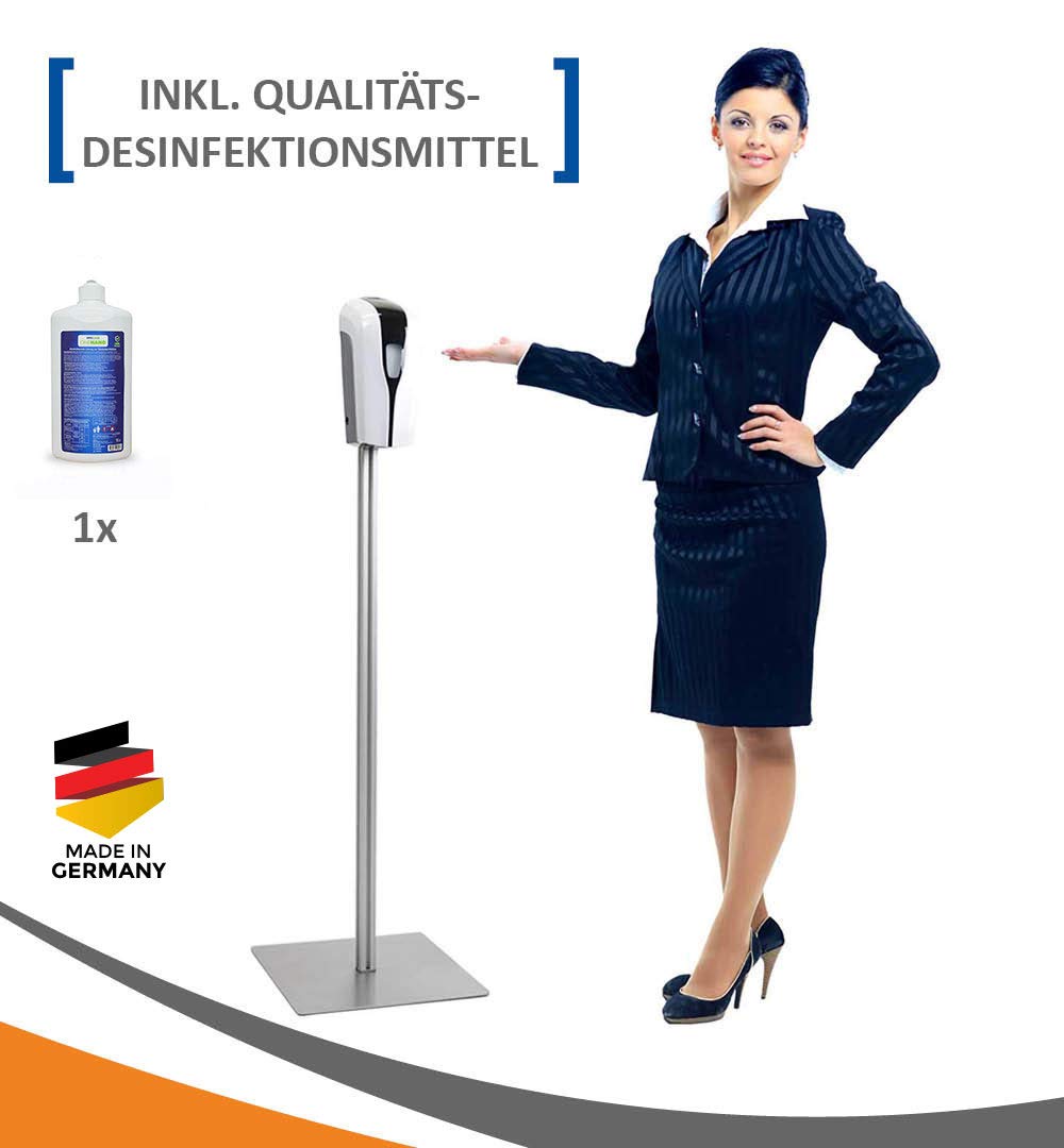 MyMAXXI | Mobiler Hand Desinfektionsmittelspender Station Sensor Shop Spender Set 1x 1L Desinfektionsmittel stehend automatisch | touchless Disinfection | Desinfektionsspender Standfuß