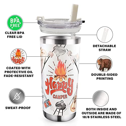 Zzkol Happy Camper Tumbler With Lid And Straw, Camping Accessories Bear Stainless Steel Travel Coffee Cup, Funny Rv Mug Gifts For Campers Camping Lovers, 20Oz Double Wall Vacuum Insulated Tumbler #TOP2